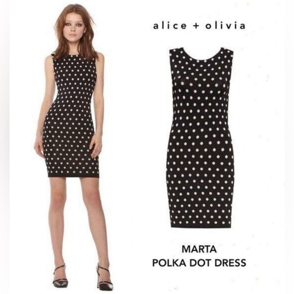 Alice + Olivia Marta sleeveless polka dot bodycon knit mini dress black L Large